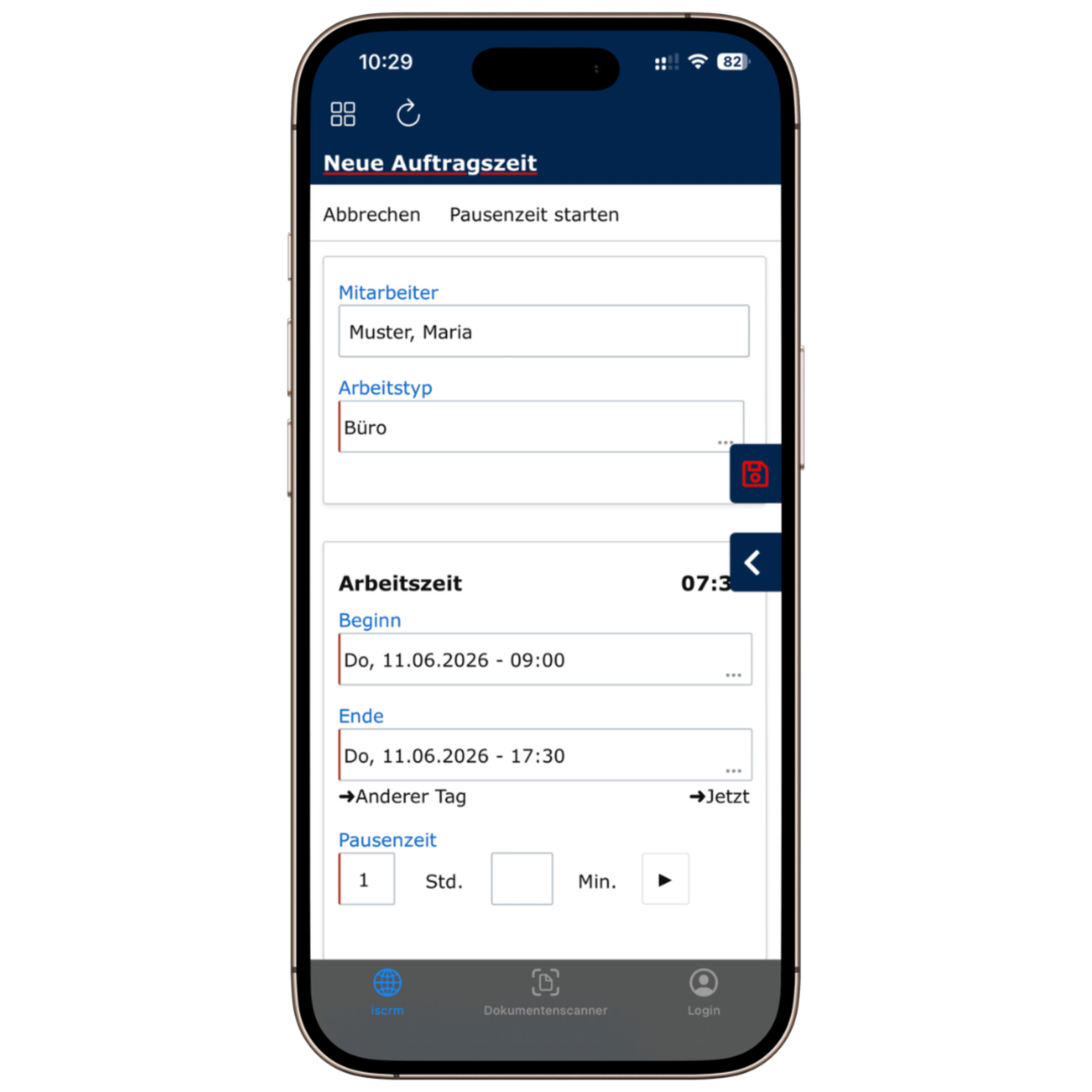 iscrm Zeiterfassung auf dem Smartphone – Arbeitszeiten webbasiert erfassen