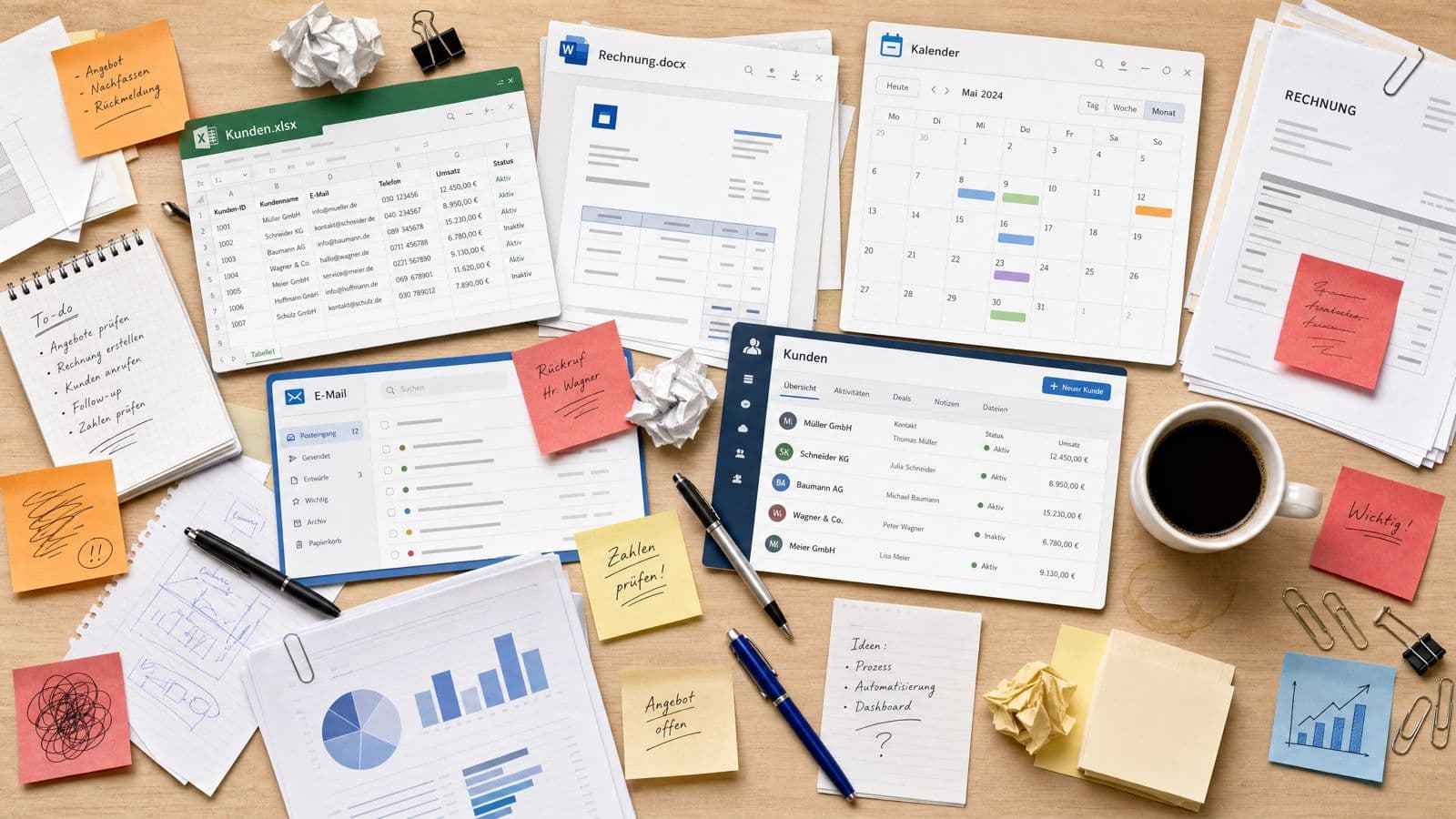 Chaotischer Schreibtisch mit Excel, Word und Zettelwirtschaft